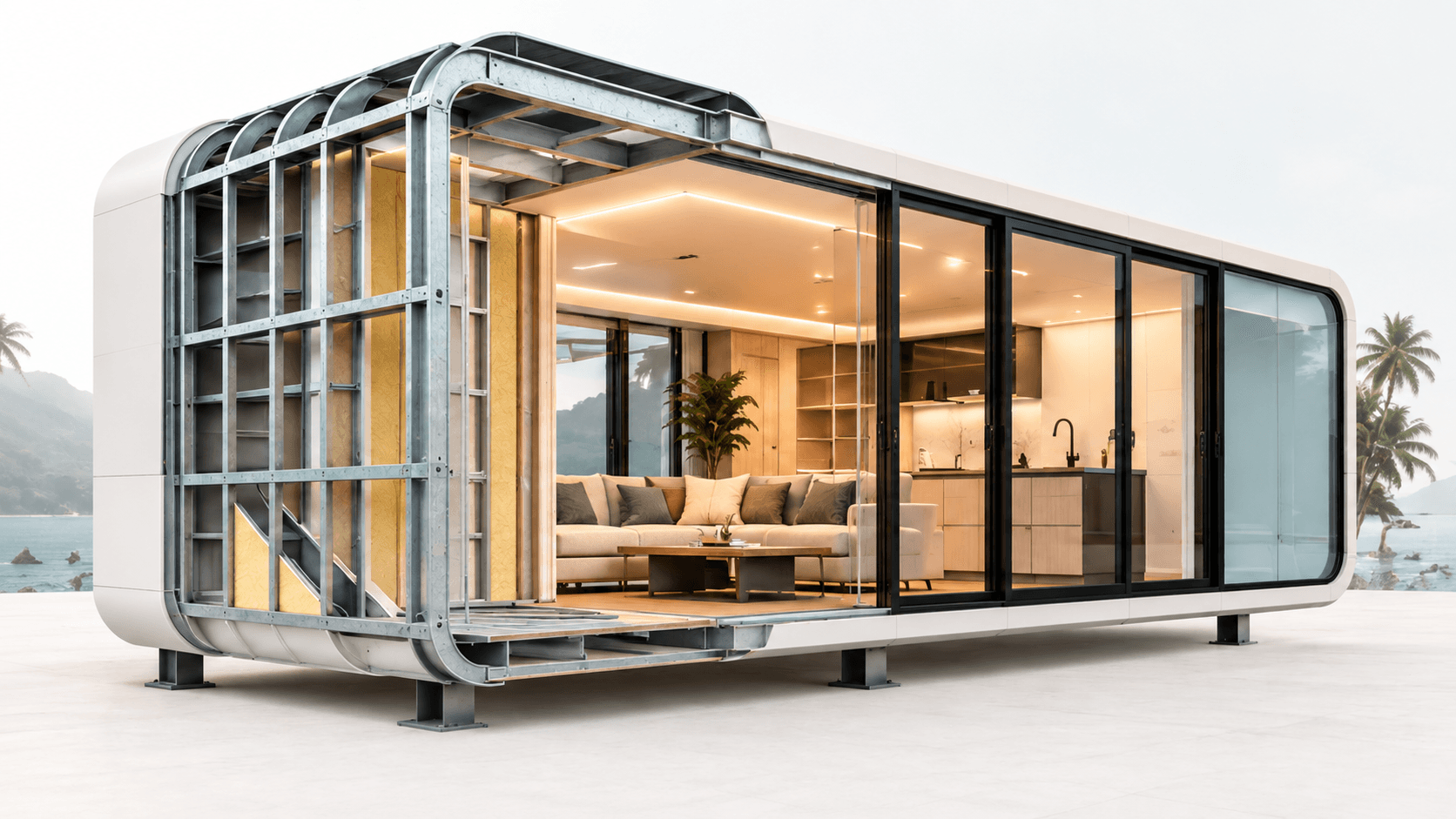 Cutaway view of a NanoNest modular home revealing its steel frame construction